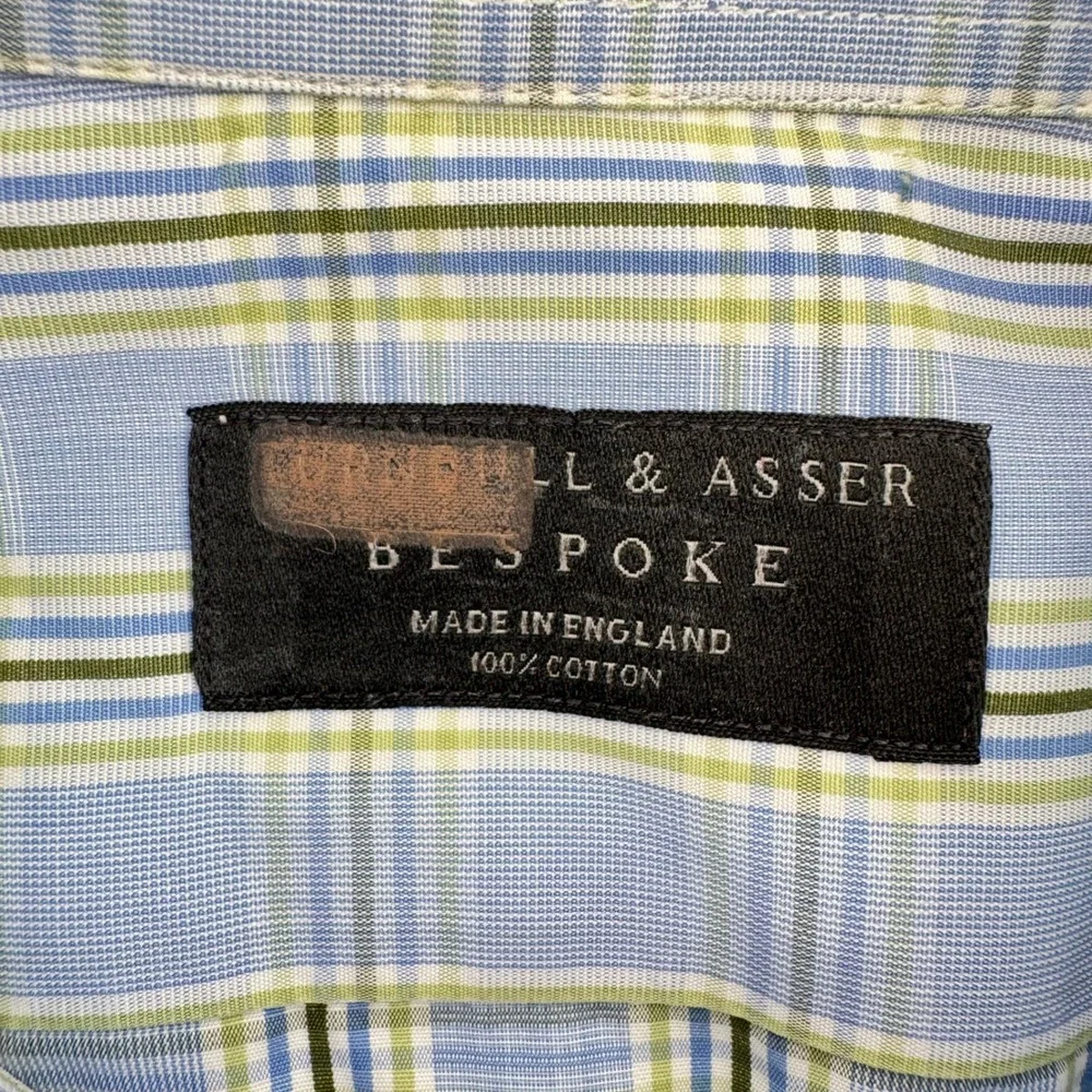 Turnbull Asser Bespoke Mens Blue Green‎ Plaid Dress Shirt Neck 15